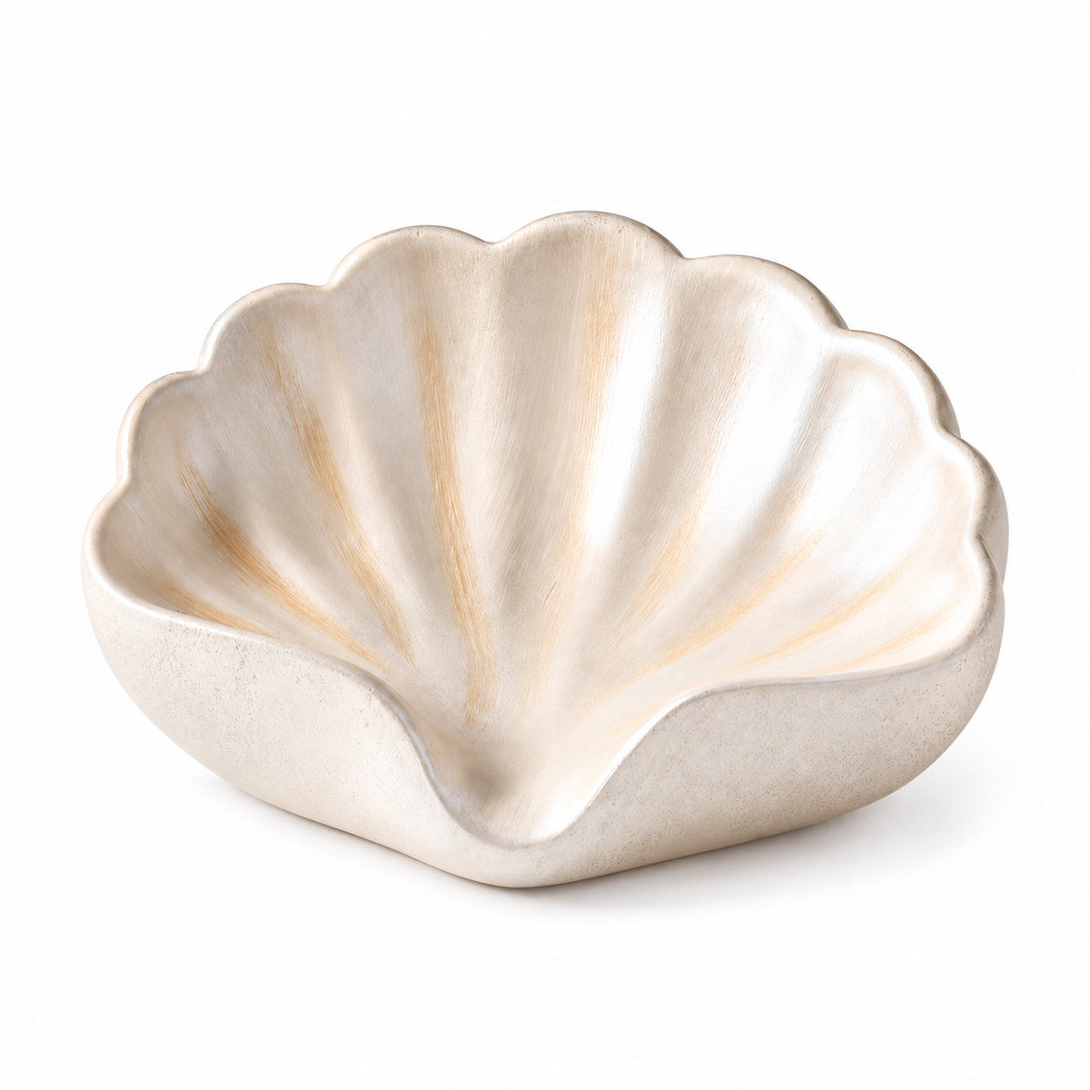 Champagne gold shell-shaped ceramic soap dish with pale metallic streaks and a scalloped edge.