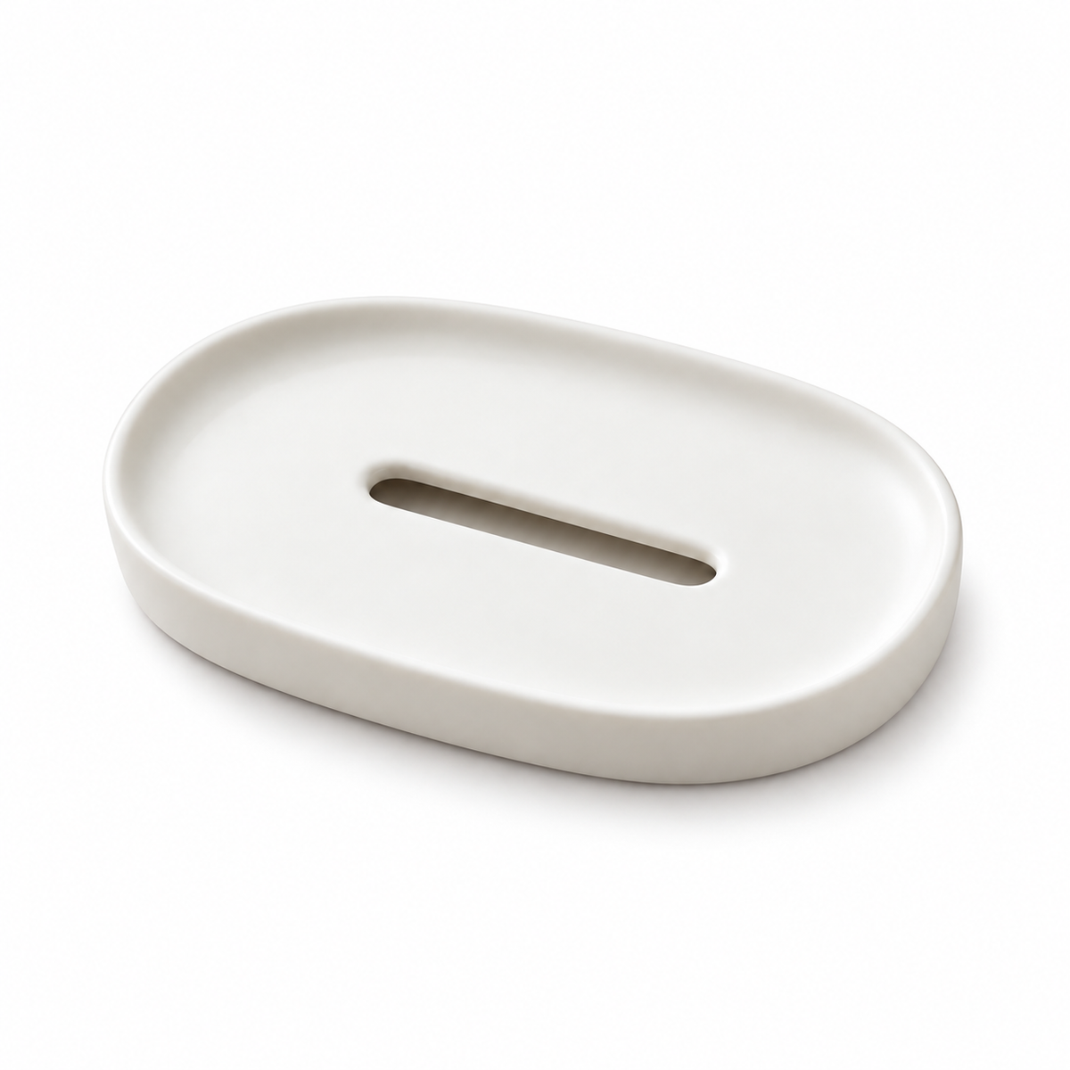 Matte white oval ceramic soap dish with a long central drainage slot.