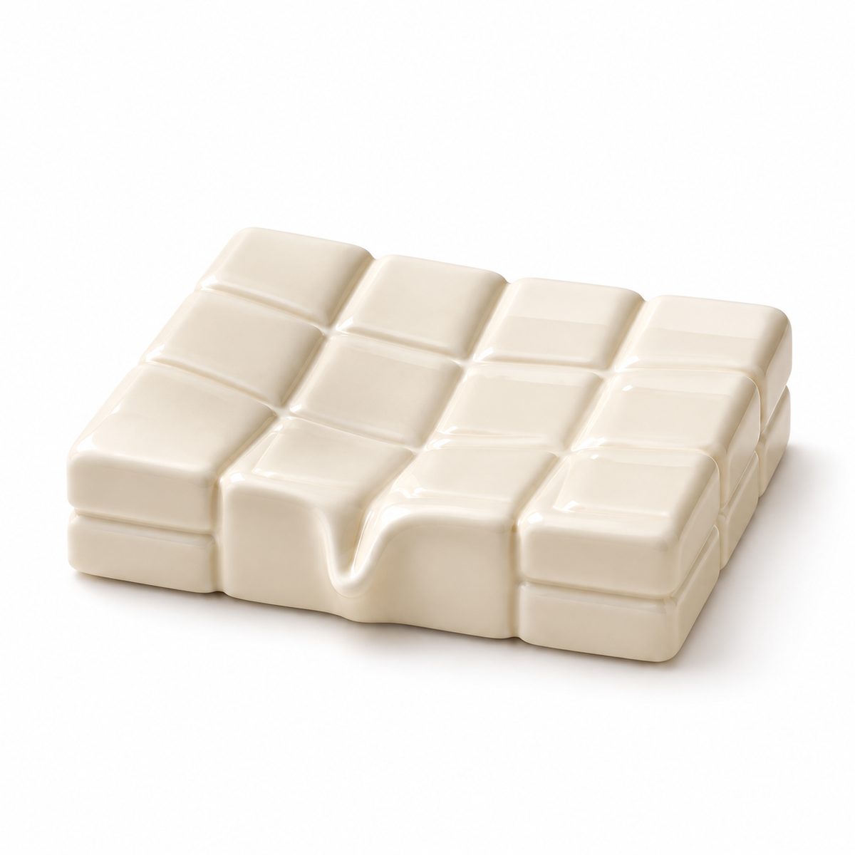 Ivory chocolate-bar-shaped ceramic soap dish with raised segments and a central front dip.