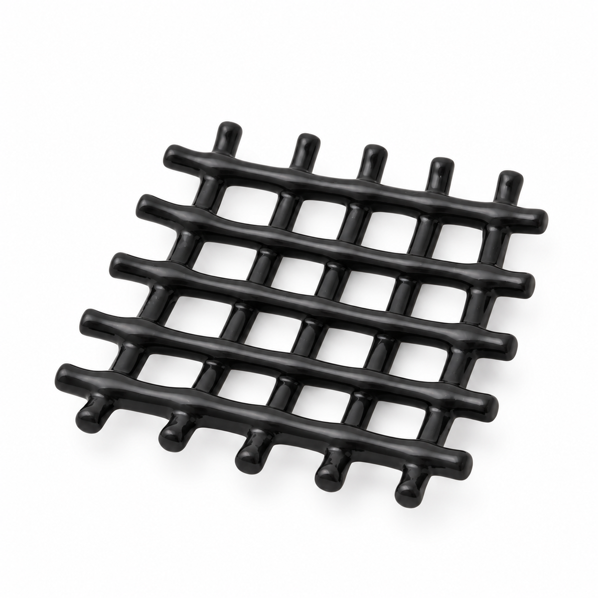 Schwarze Keramik-Seifenschale aus einem offenen Gitter abgerundeter Stäbe.