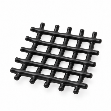 Schwarze Keramik-Seifenschale aus einem offenen Gitter abgerundeter Stäbe.