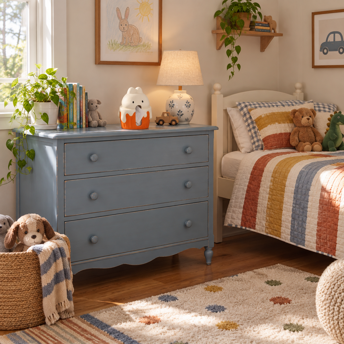 Cache-boîte à mouchoirs lapin cupcake orange et crème sur une commode bleue dans une chambre d’enfant.