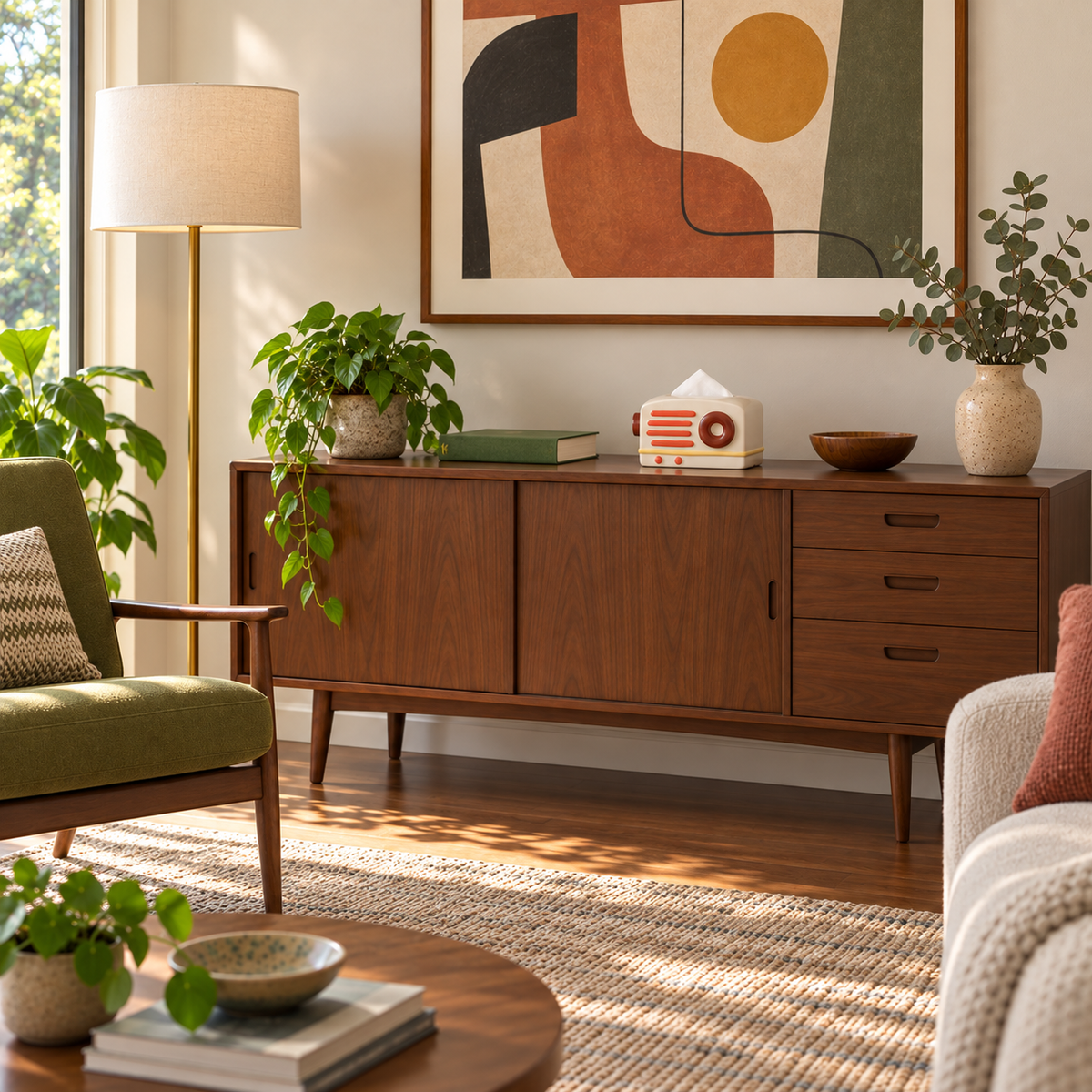 Sunset Pop radio-shaped tissue cover on a walnut credenza in a midcentury living room.