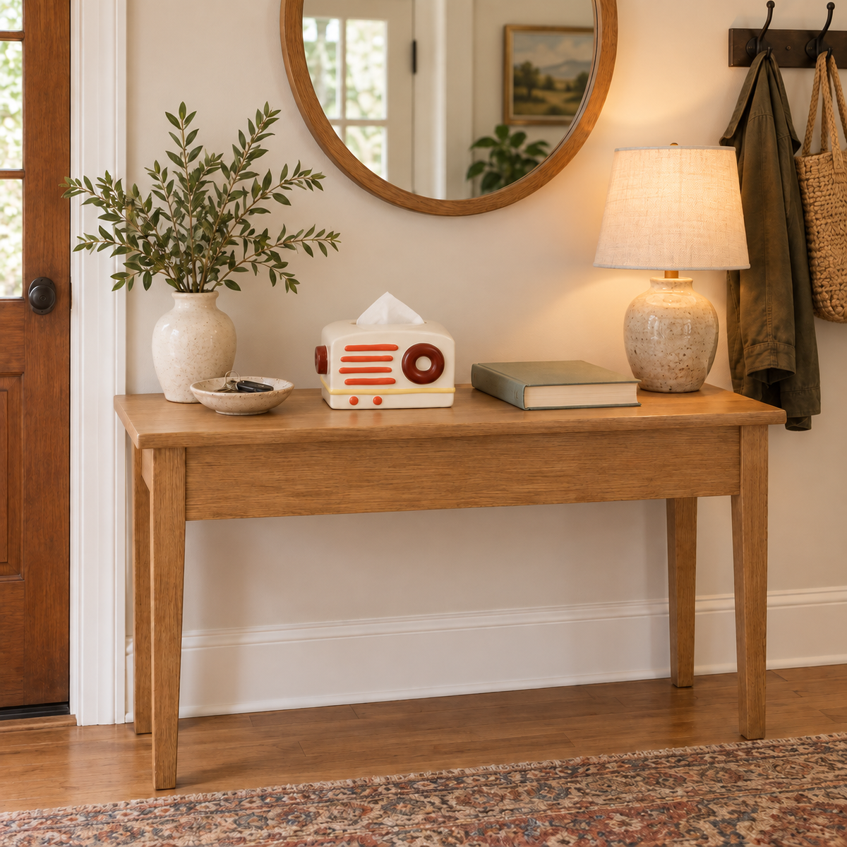Sunset Pop radio-shaped tissue cover on a complete oak entryway console beneath a round mirror.