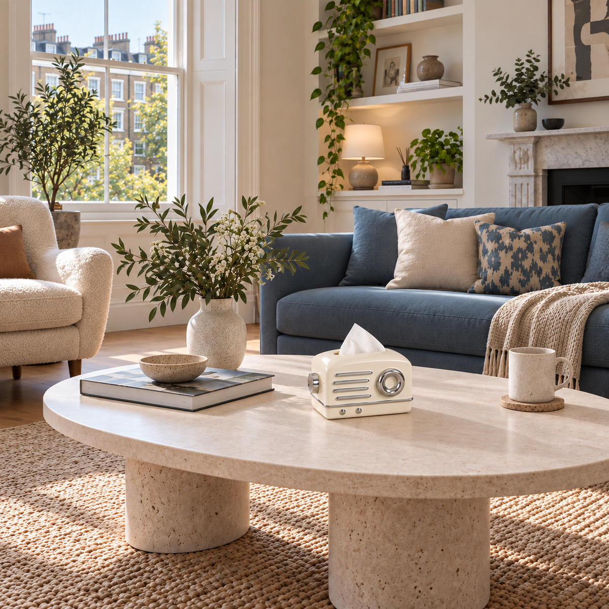 Chrome Classic radio-shaped tissue cover on a stone coffee table in a sitting room.