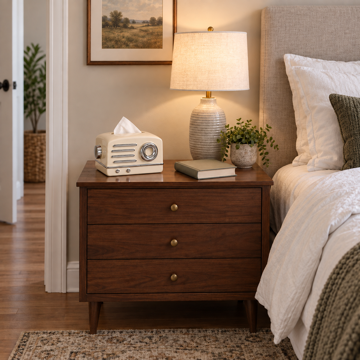 Chrome Classic radio-shaped tissue cover on a walnut bedside chest next to a bed and lamp.