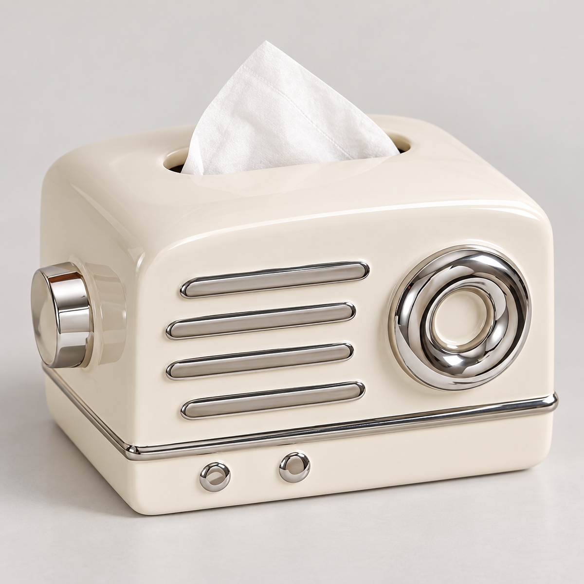 Chrome radio tissue cover detail with four silver bars, a round dial, lower buttons and top opening.