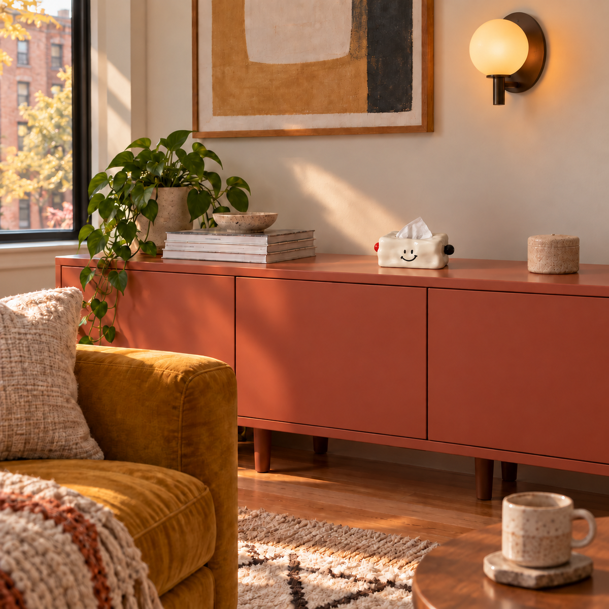 Cream smiley-face tissue cover with red and black side knobs on a terracotta credenza beside a mustard armchair.