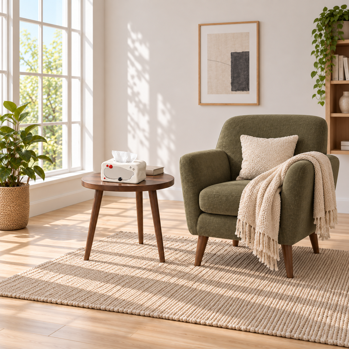 Retro-TV tissue box cover on a wooden side table beside an olive-green armchair