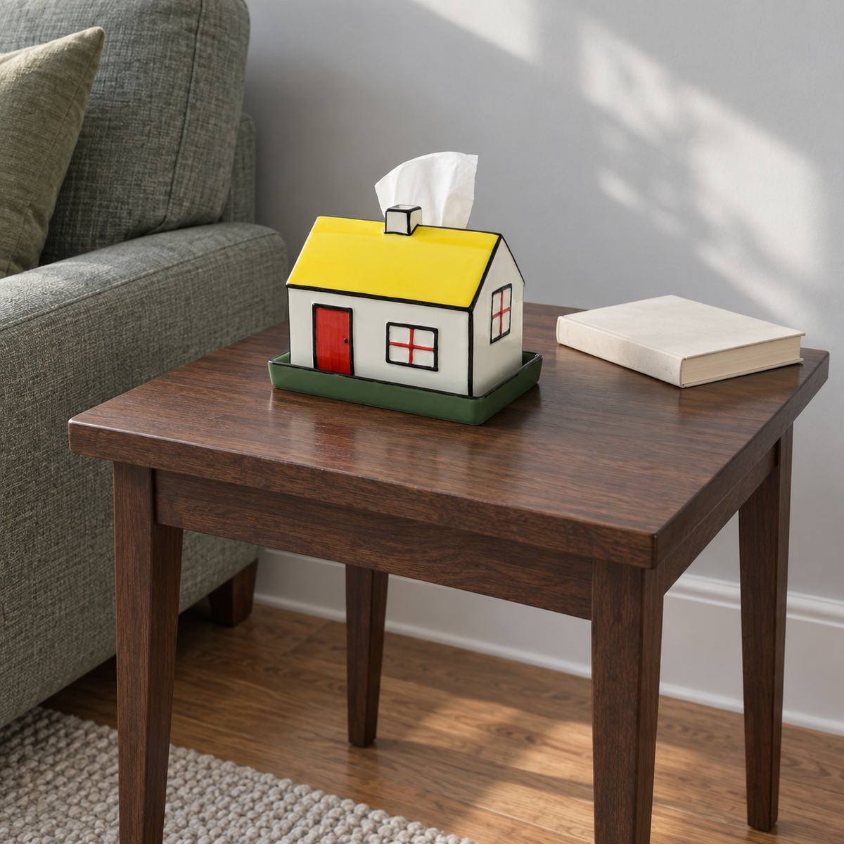 House tissue box cover with green tray on a walnut side table beside a closed book