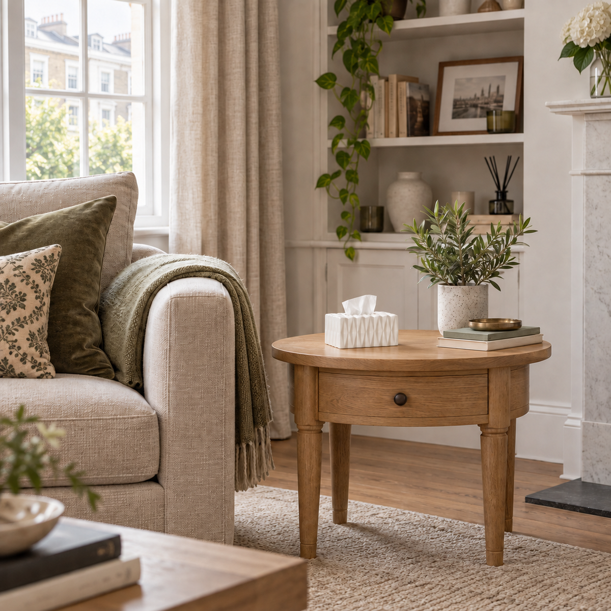 White Small faceted tissue cover on an oak end table beside a sofa.