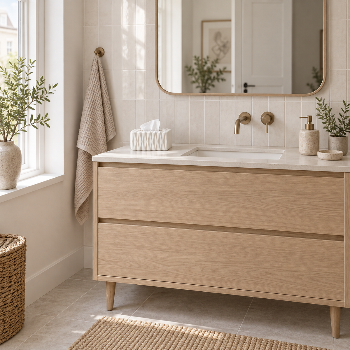 White Small tissue cover on an oak bathroom vanity beside the sink.