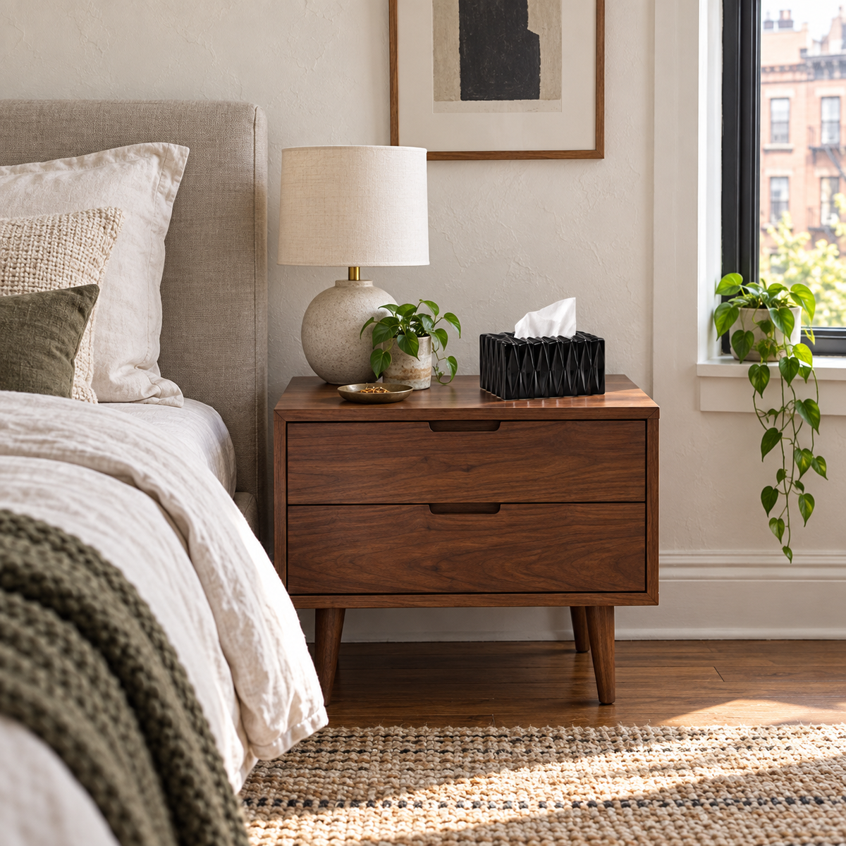 Black Small faceted tissue cover on a walnut nightstand beside the bed.