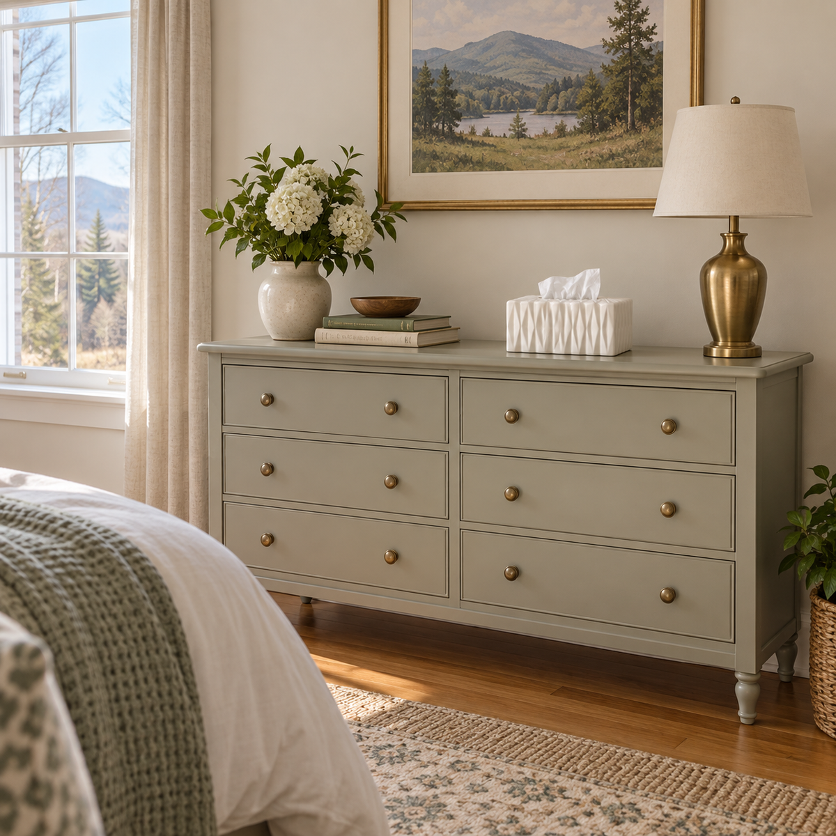 White Large faceted tissue cover on a painted guest-bedroom dresser.