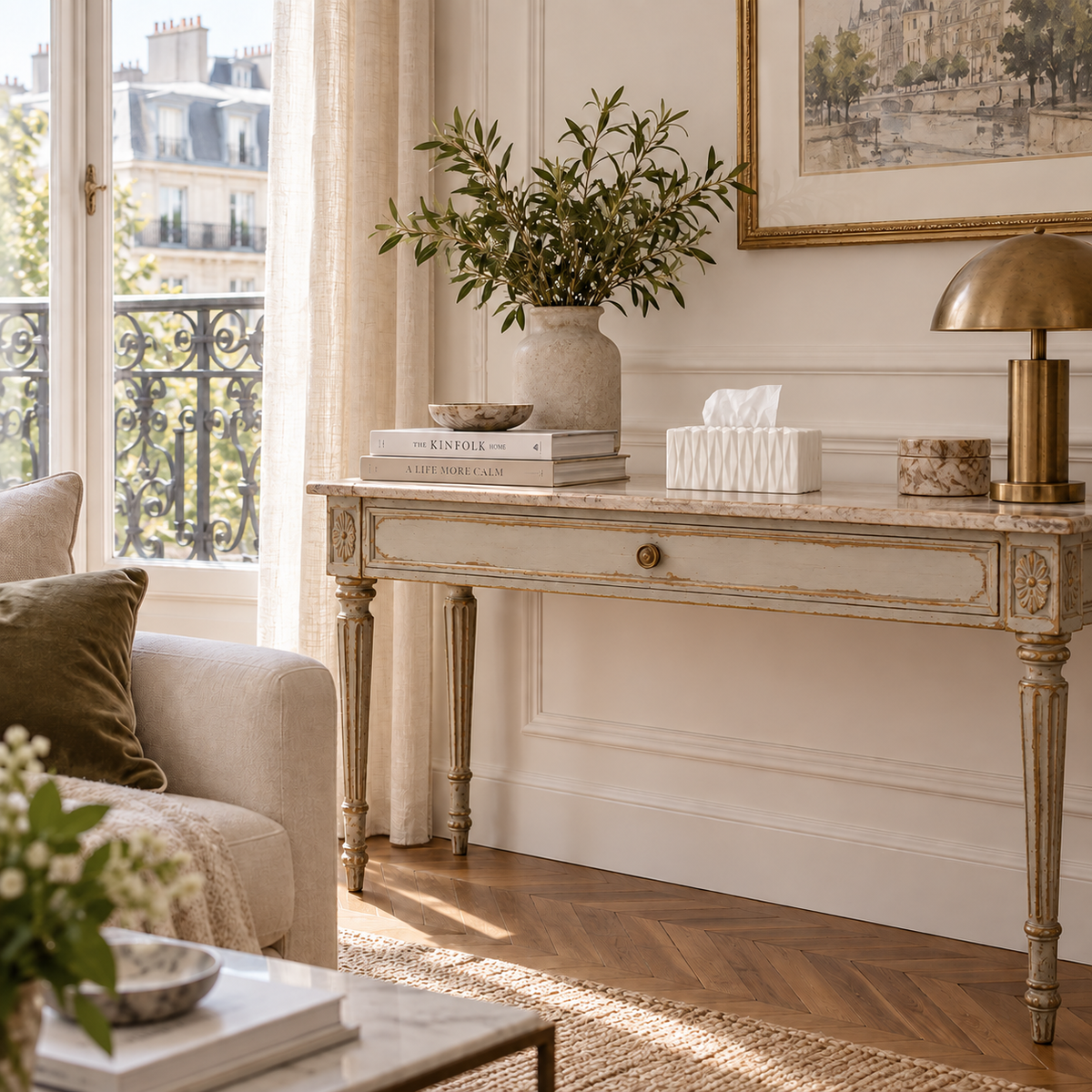 White Large tissue cover on a painted living-room console.
