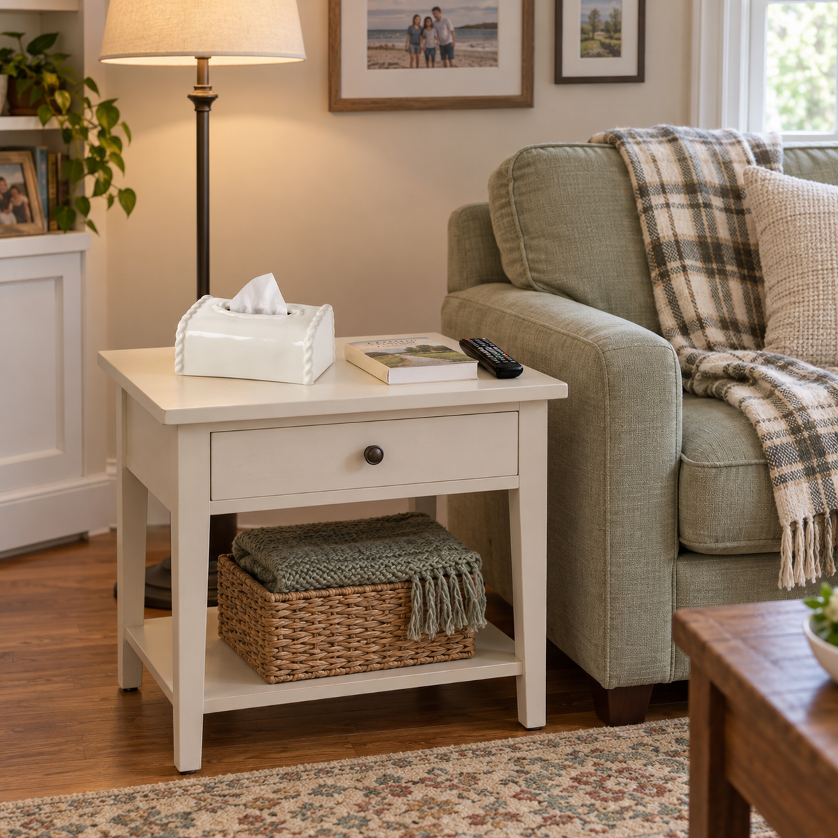 White ceramic tissue box cover on a painted side table beside a sage sofa, book and remote.