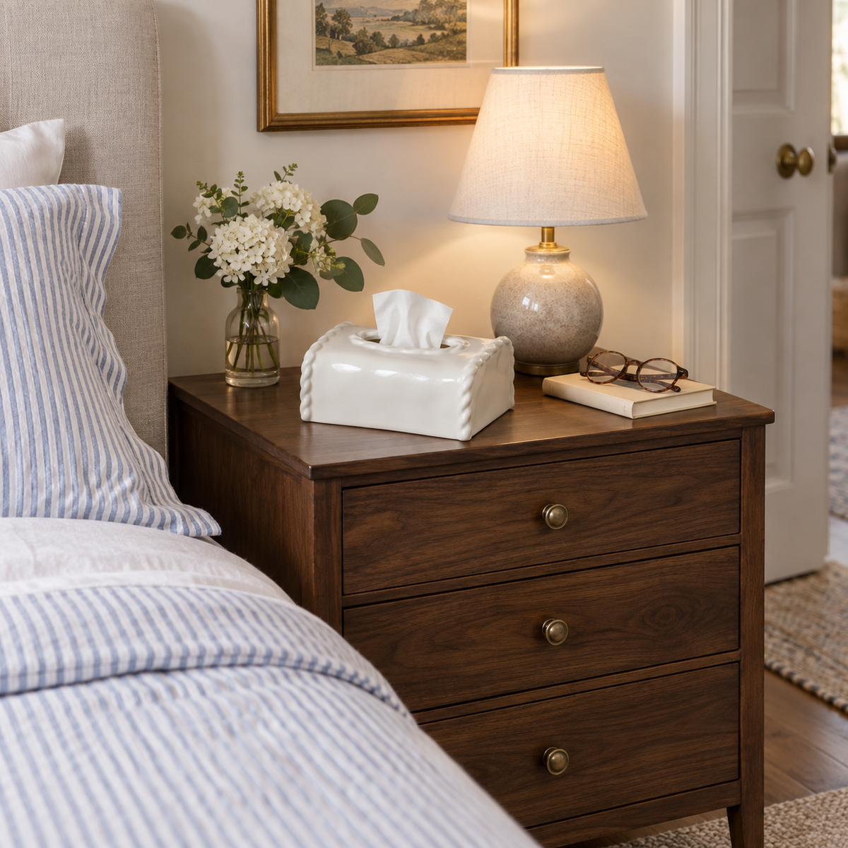 White ceramic tissue box cover on a walnut bedside chest beside striped bedding and reading glasses.