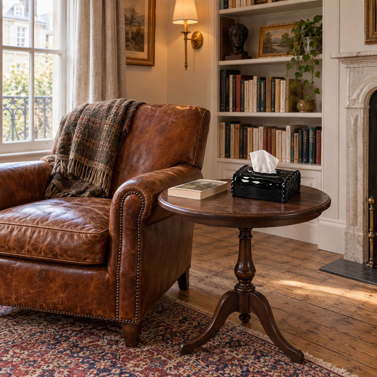 Black ceramic tissue box cover on a round walnut side table beside a leather reading chair and book.