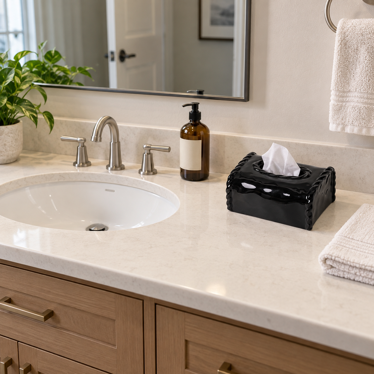 Black ceramic tissue box cover on the dry side of a bathroom vanity beside a sink, soap and towels.