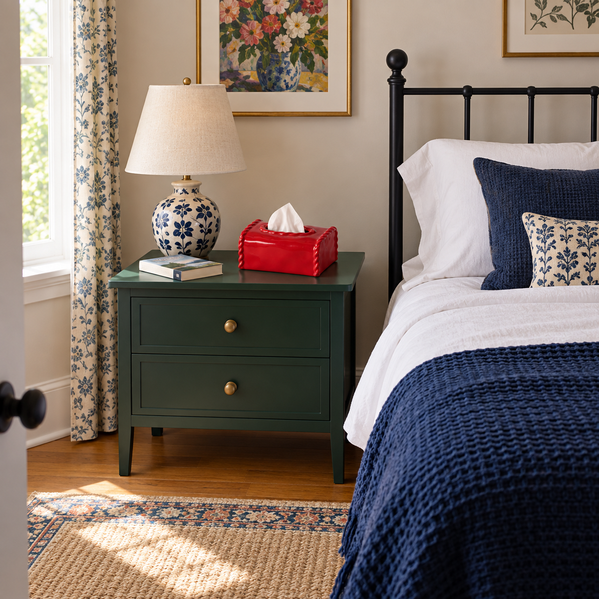 Red ceramic tissue box cover on a dark-green bedside cabinet beside a bed, lamp and paperback.