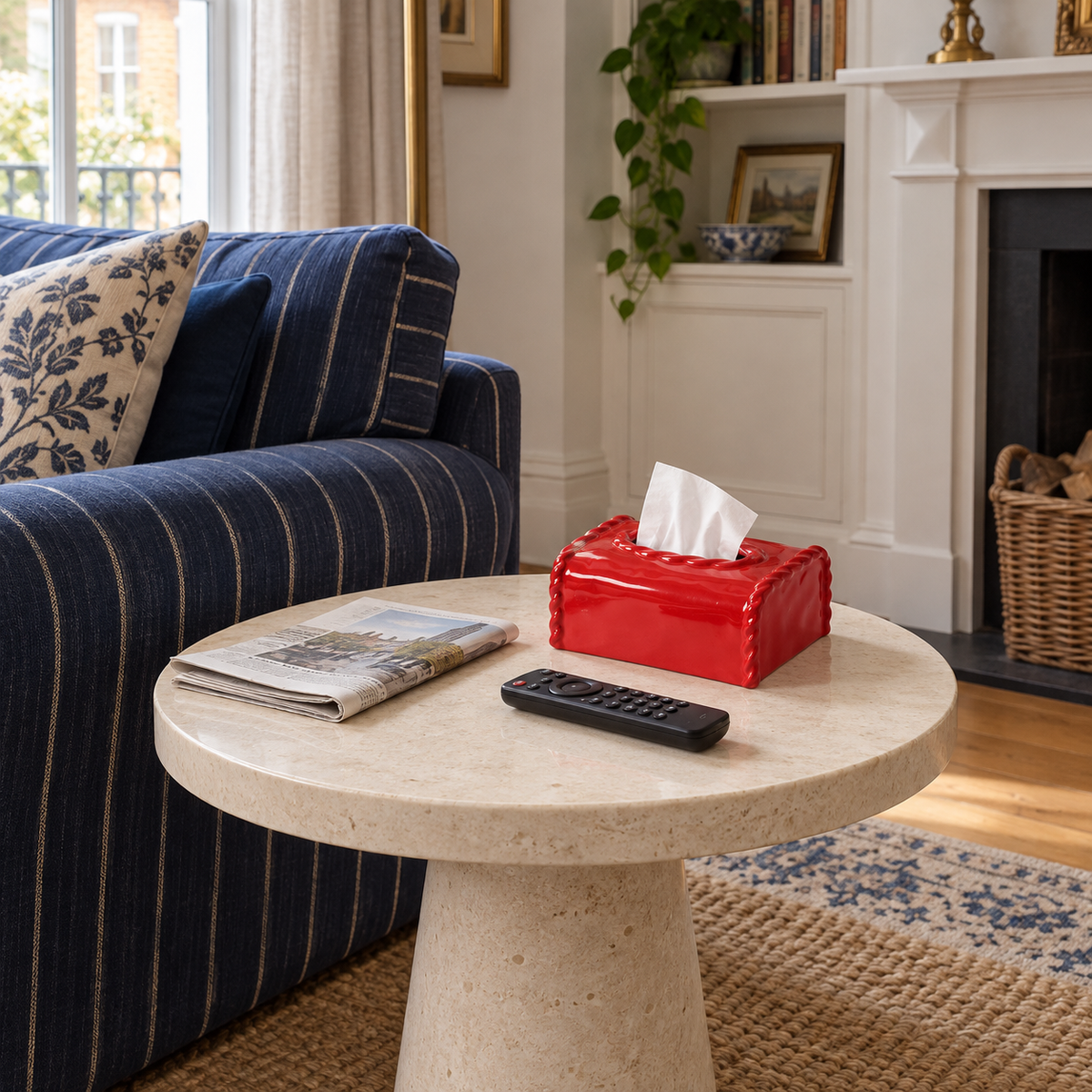 Red ceramic tissue box cover on a round limestone side table beside a navy sofa, remote and newspaper.