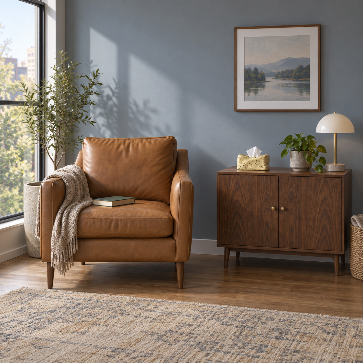 Pale yellow speckled tissue box cover on a walnut cabinet beside a leather armchair in a reading corner.