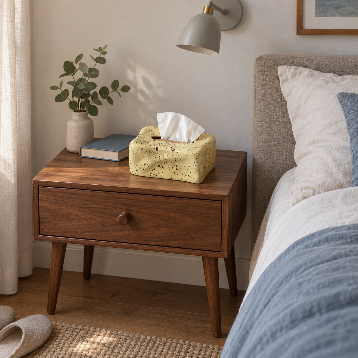 Pale yellow speckled tissue box cover on a walnut bedside table beside a book and vase.