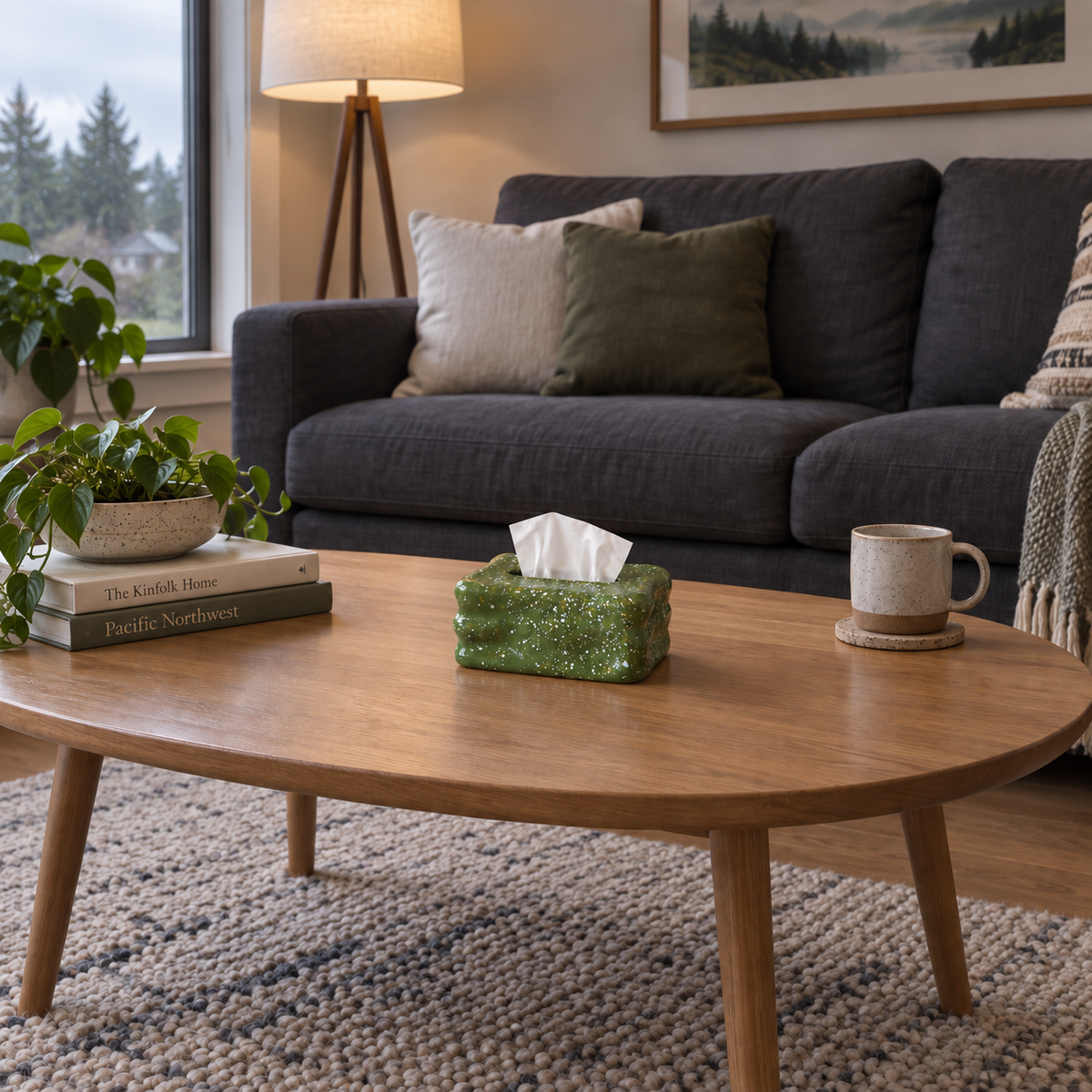 Olive-green speckled tissue box cover on an oak coffee table in a living room.
