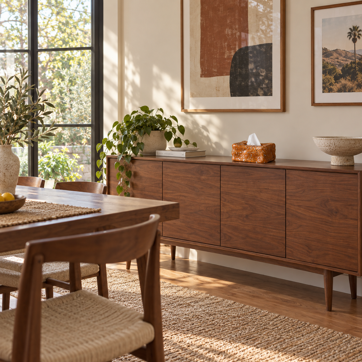 Terracotta speckled tissue box cover on a walnut sideboard in a sunlit dining room.