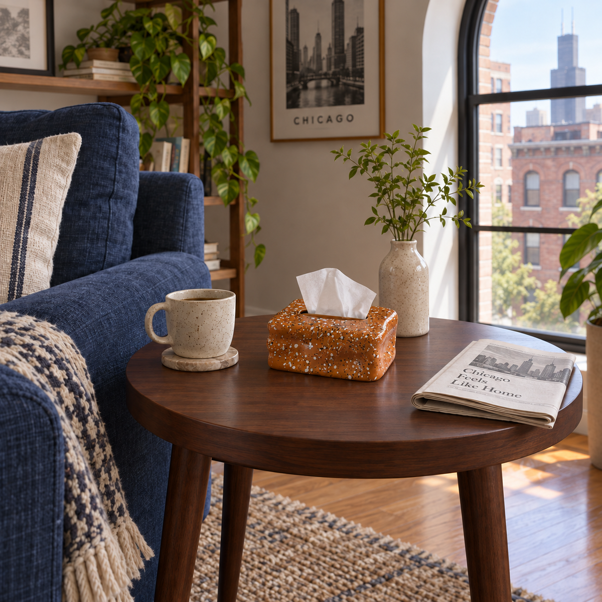 Terracotta speckled tissue box cover on a round walnut side table beside a navy sofa.