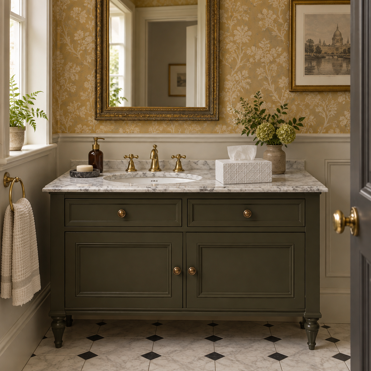White cannage ceramic tissue cover on a marble vanity in a guest bathroom.