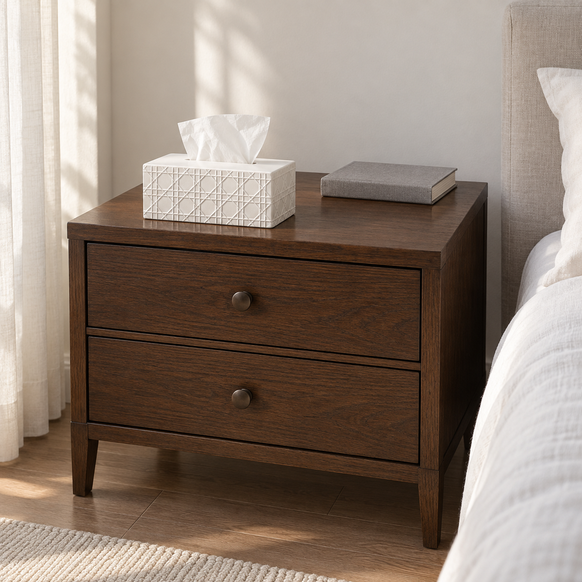 White cannage ceramic tissue box cover and grey book on a wooden bedside cabinet beside white bedding.