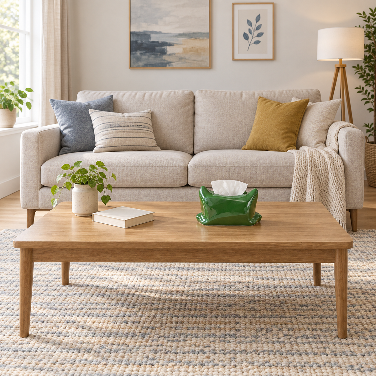 Green pillow-shaped tissue box cover on an oak coffee table in a linen-sofa living room