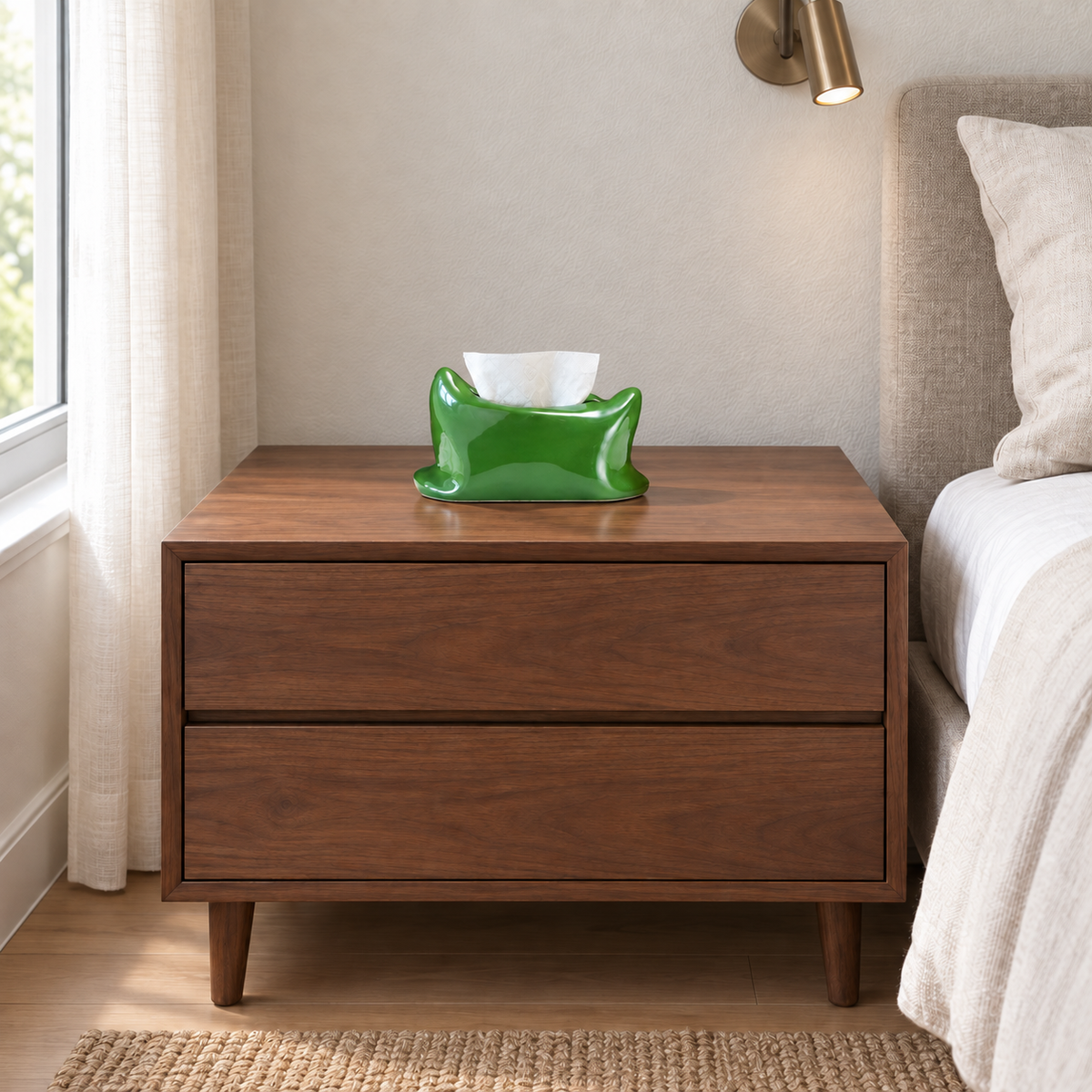Green ceramic pillow tissue box cover on a walnut bedside cabinet beside linen bedding