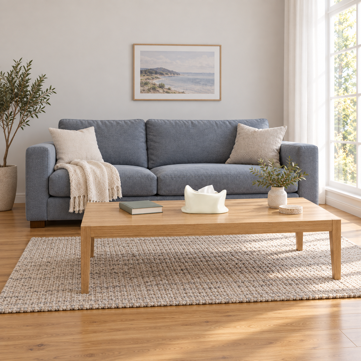 Cream-white pillow tissue box cover on an oak coffee table in a blue-sofa living room