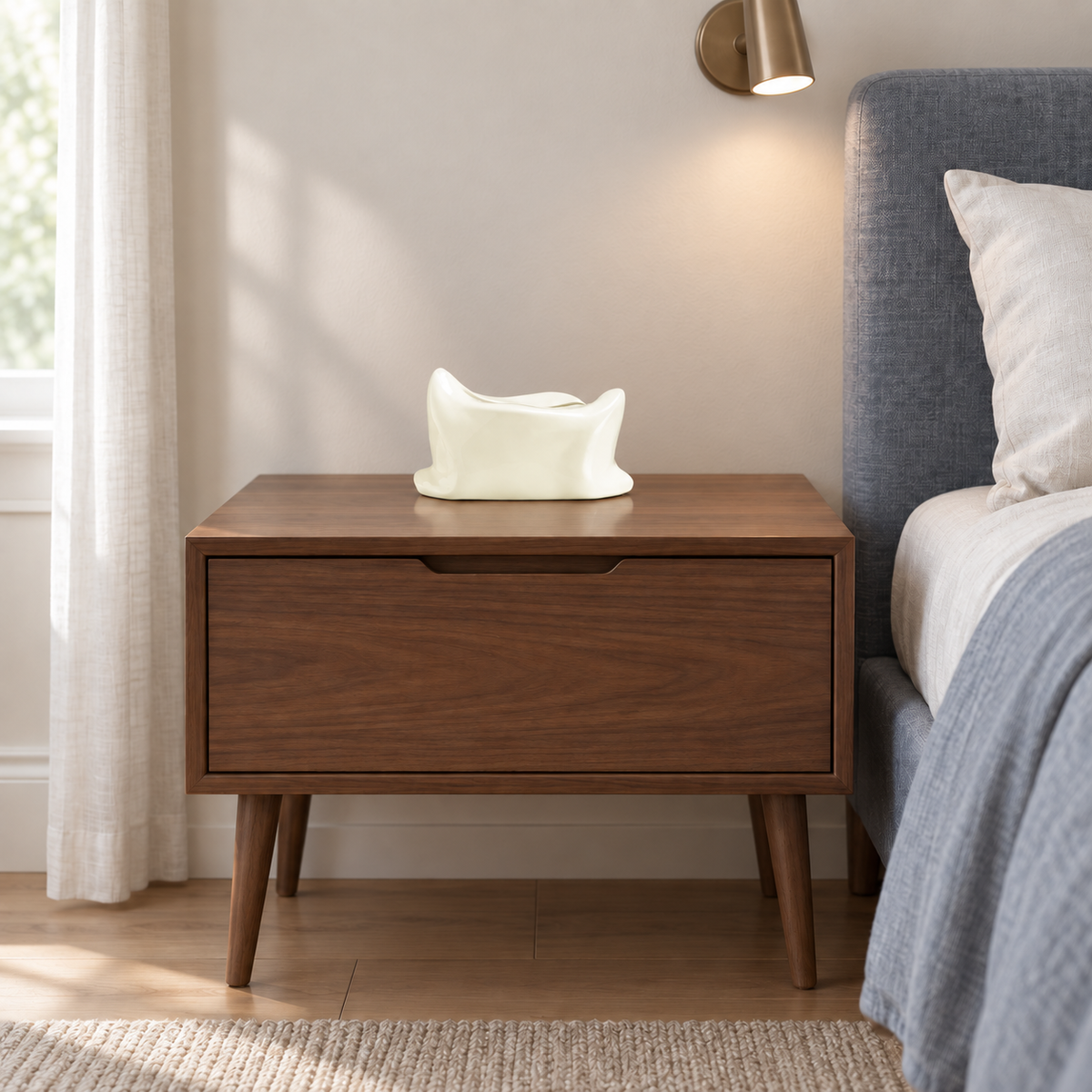 Cream-white ceramic pillow tissue box cover on a walnut bedside cabinet in a linen bedroom
