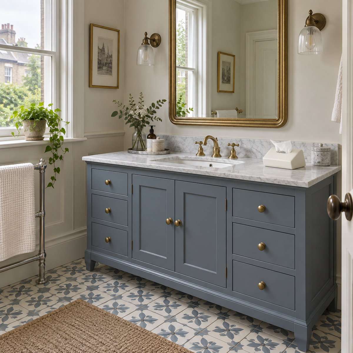 White sloped ceramic tissue cover on a blue-grey vanity in a guest bathroom.