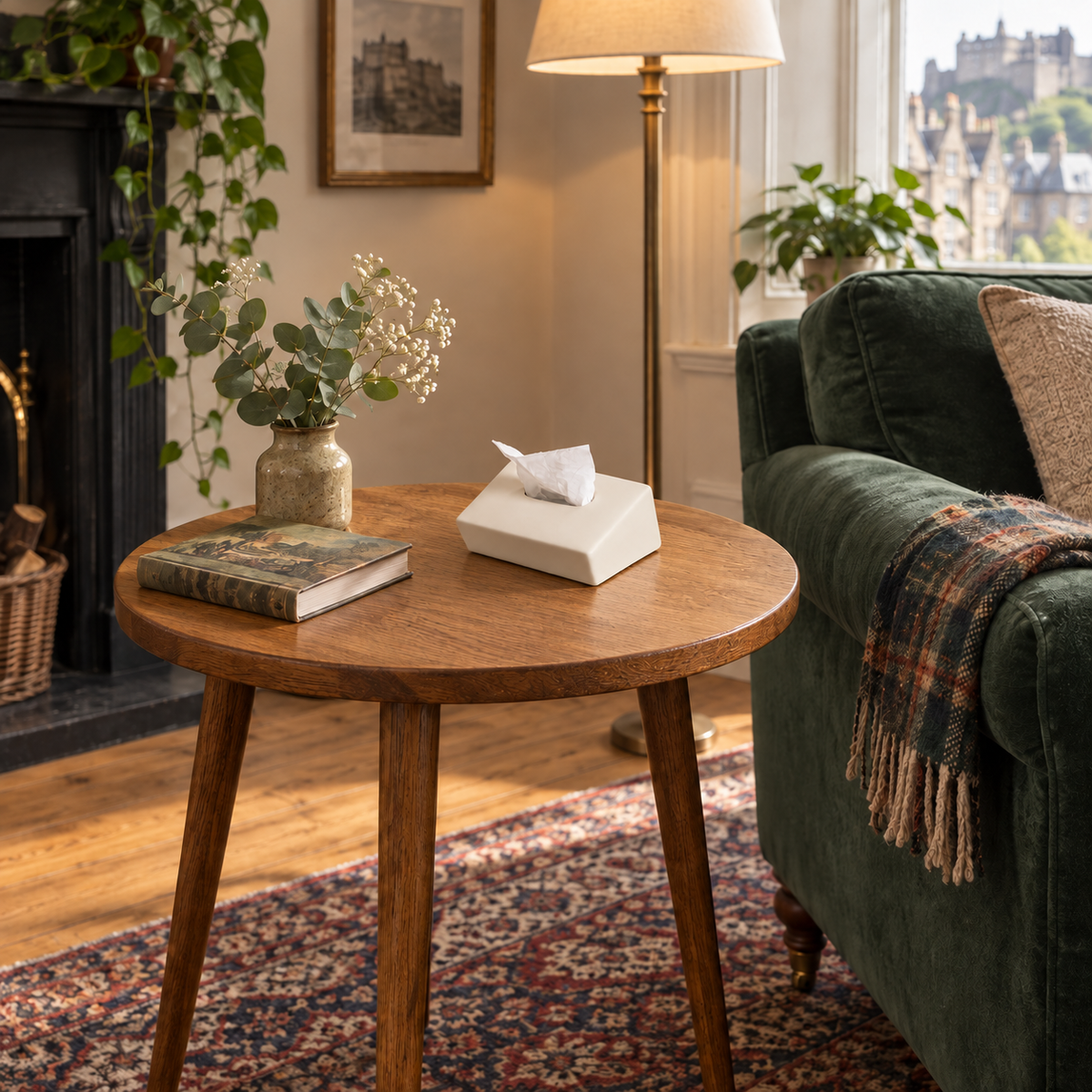 White sloped ceramic tissue cover on a round oak side table beside a dark green sofa.