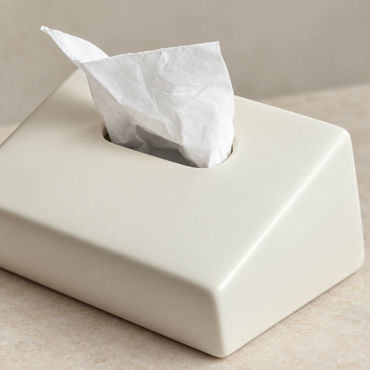 Close view of the white tissue cover’s sloping ceramic surface and rounded opening