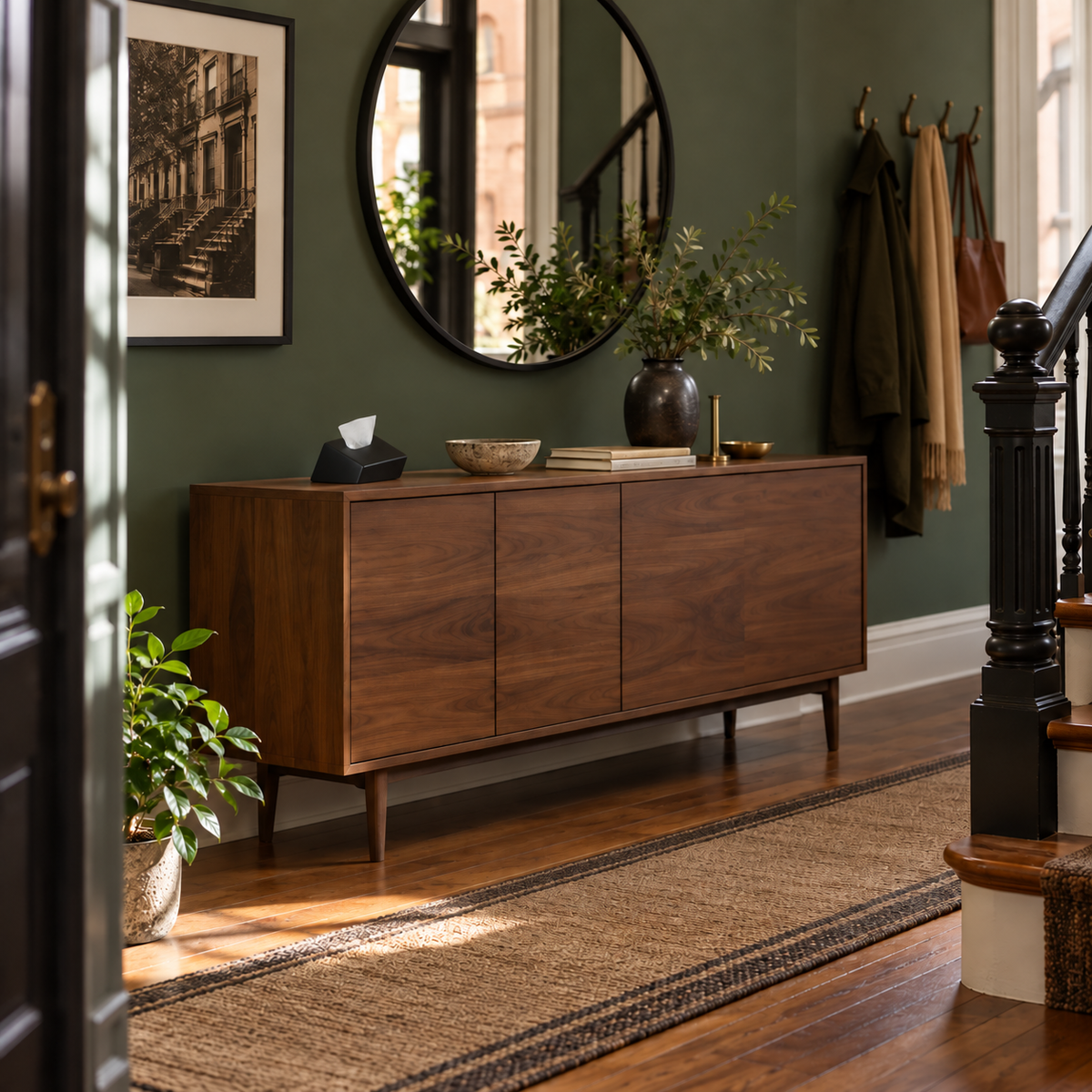 Black sloped ceramic tissue cover on a walnut sideboard in a green-walled entry.