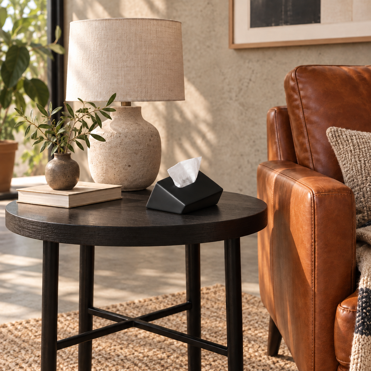 Black sloped ceramic tissue cover on a round side table beside a cognac leather armchair.