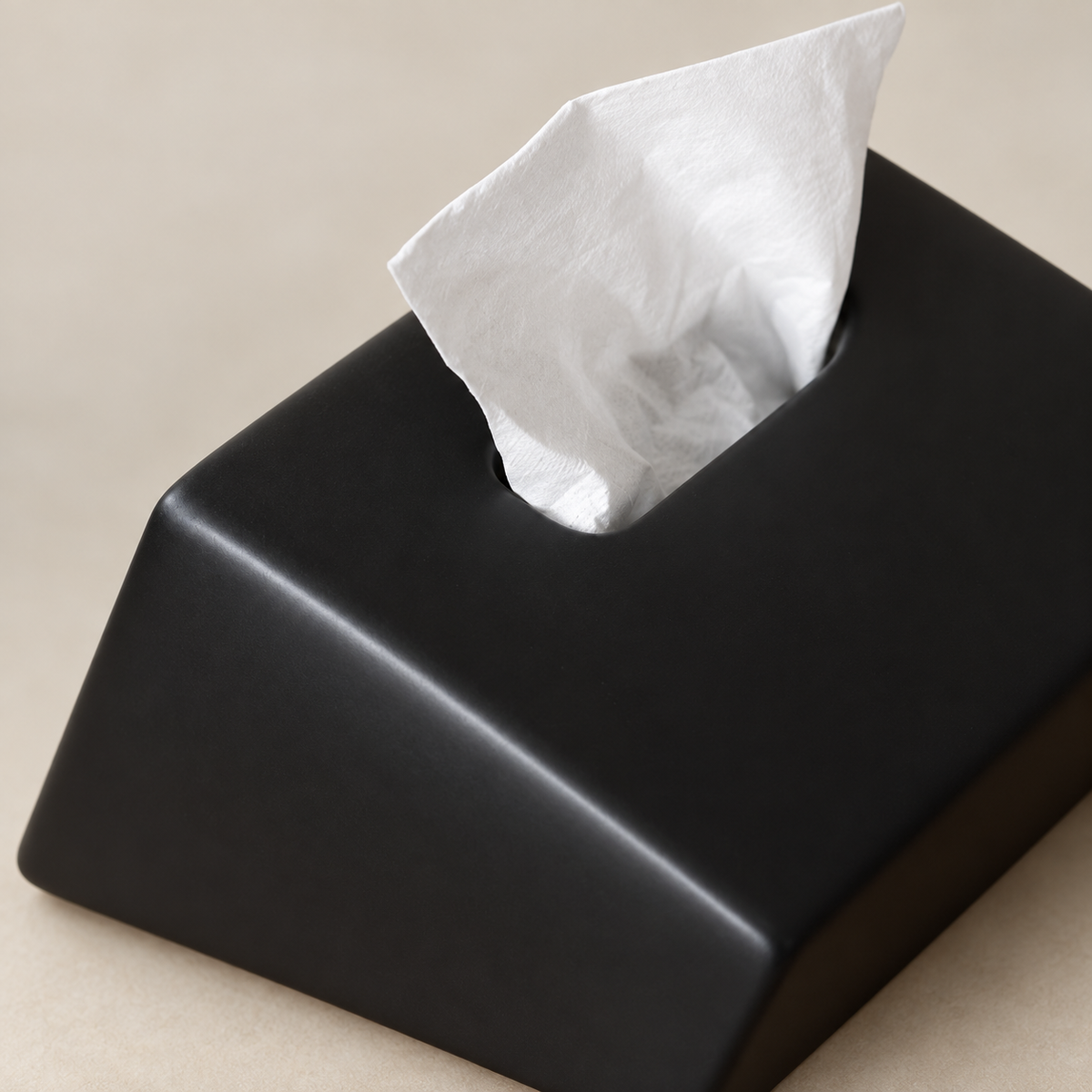 Close view of the black tissue cover’s sloping ceramic surface and rounded opening