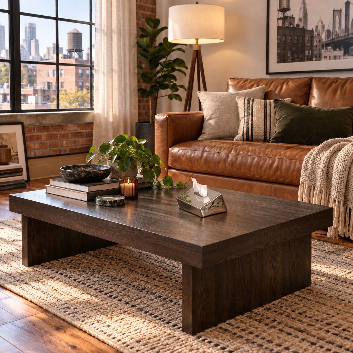 Mirror-silver sloped tissue cover on a smoked-oak coffee table in a loft.