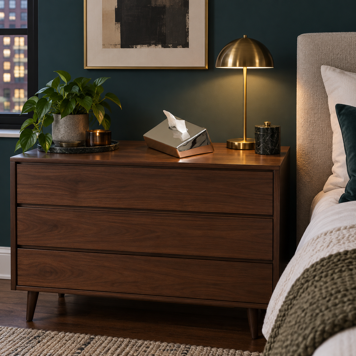 Mirror-silver sloped tissue cover on a walnut dresser beside a bed and brass lamp.