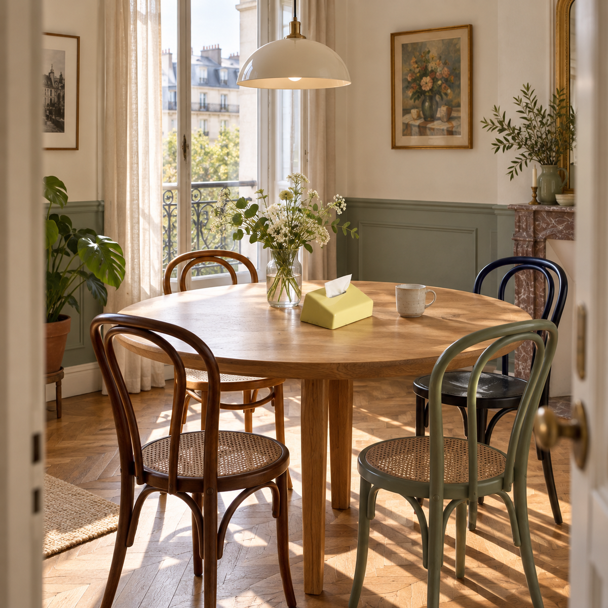 Pale-yellow sloped tissue cover on a round oak breakfast table in an apartment.
