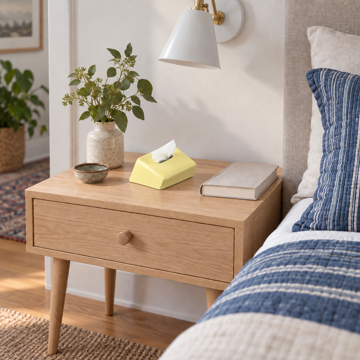 Pale-yellow sloped ceramic tissue cover on a wood nightstand beside blue striped bedding.