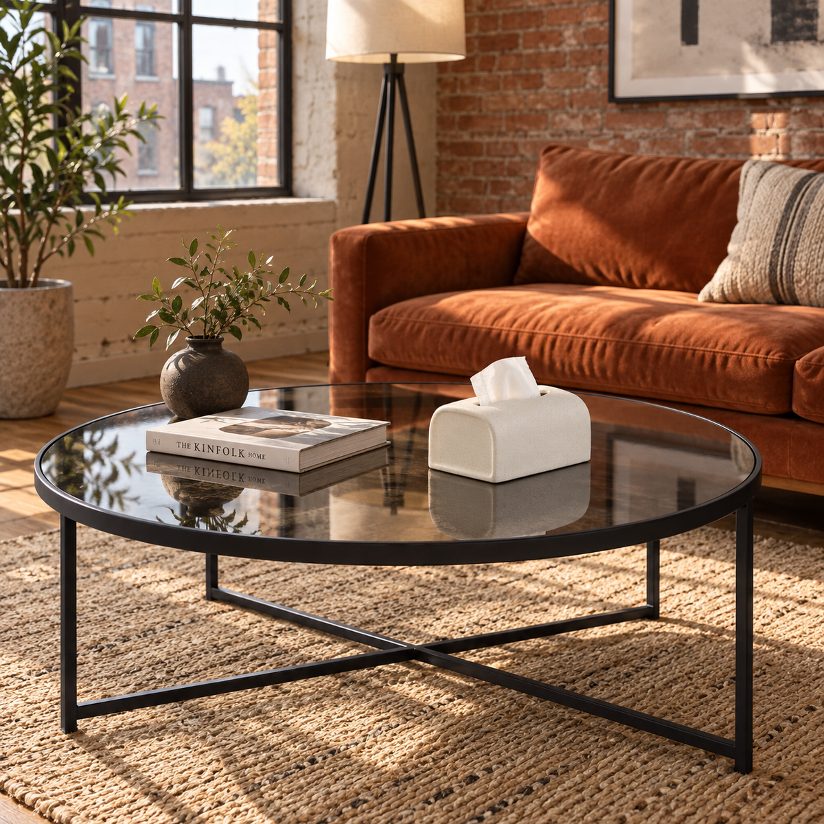 Textured ivory tissue cover on a glass coffee table beside a rust sofa in a loft.