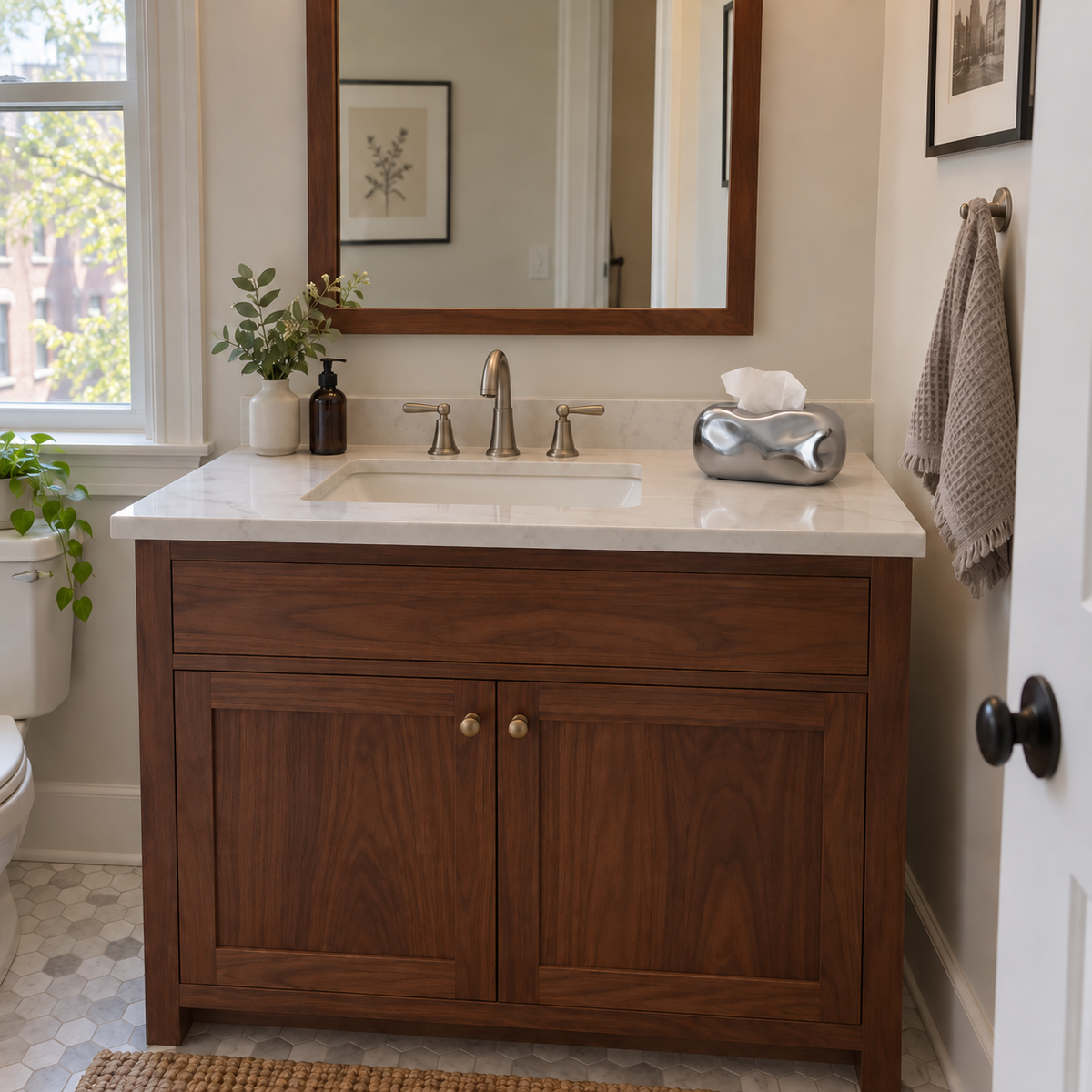 Silver bubble tissue cover beside furnishings in a Chicago guest bathroom.