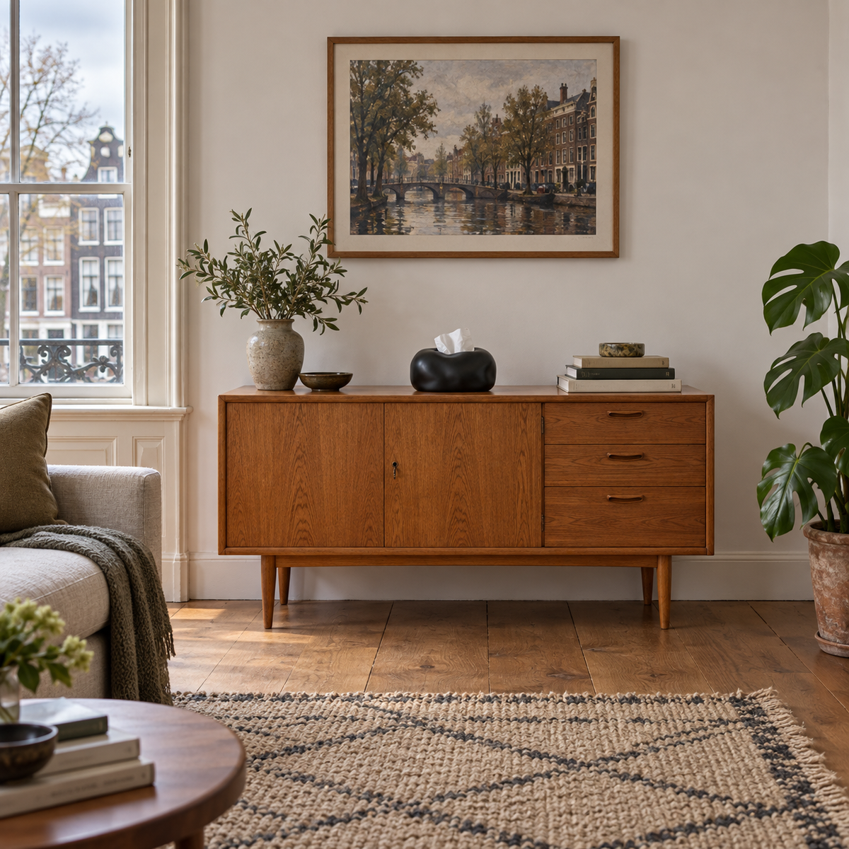 Black bubble tissue cover on furniture in an Amsterdam living room.