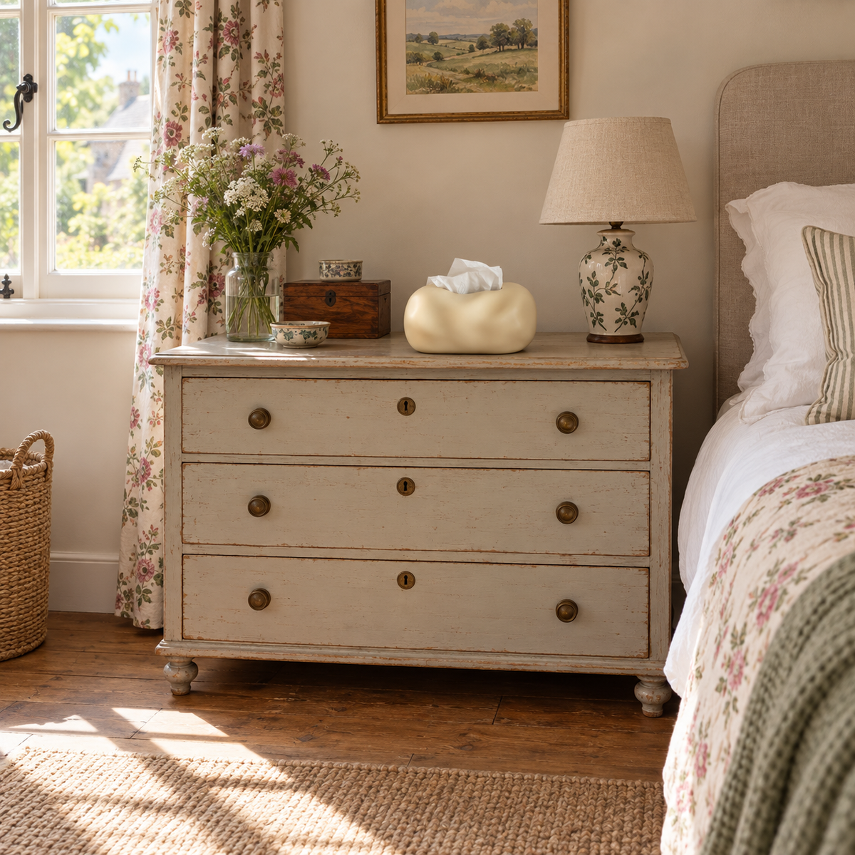 Beige bubble tissue cover on furniture in an English cottage guest bedroom.